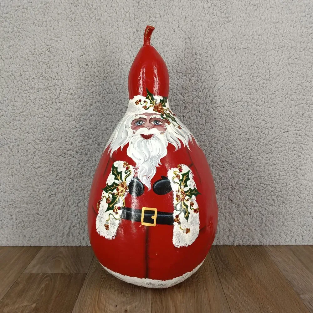 Large Hand-Painted Santa Claus Christmas Gourd Folk Art Holly Accents 15‎ Inches